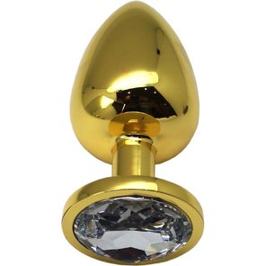  Золотистая анальная пробка с прозрачным кристаллом 9 см 