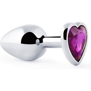  Серебристая анальная пробка с фиолетовым кристаллом-сердечком 8 см 