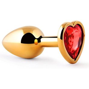  Золотистая анальная пробка с красным стразом-сердечком 7 см 