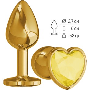  Золотистая анальная втулка с желтым кристаллом-сердечком 7 см 