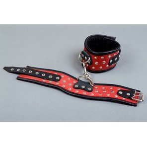  Фигурные красно-чёрные наручники с клёпками 