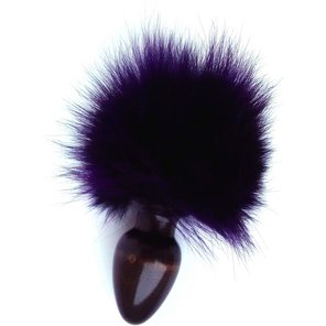  Чёрная анальная пробка с фиолетовым заячьим хвостом 8 см 
