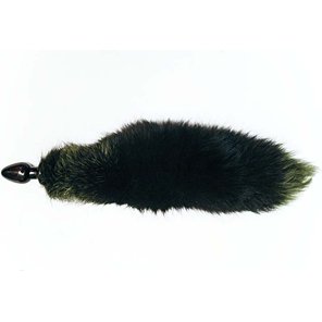  Чёрная малая анальная пробка с зеленым лисьим хвостом 