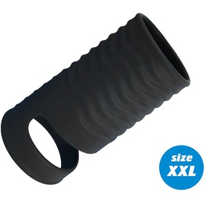  Черная открытая насадка на пенис с кольцом для мошонки XXL-size 9,4 см 
