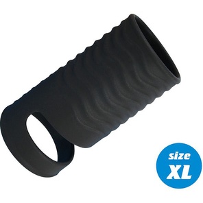  Черная открытая насадка на пенис с кольцом для мошонки XL-size 8,9 см 