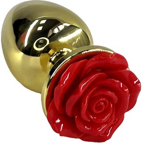  Золотистая анальная пробка с ограничителем в форме красной розы 10 см 