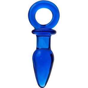  Синяя анальная пробка из стекла с ручкой-кольцом 14 см 