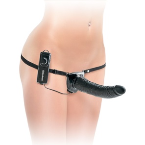  Черный страпон с вагинальной пробкой Deluxe Vibrating Penetrix Strap-On 19 см 