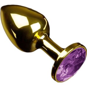  Маленькая золотистая анальная пробка с круглым кончиком и фиолетовым кристаллом 7 см 