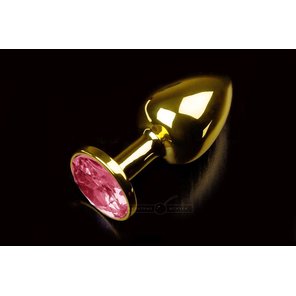  Маленькая золотистая анальная пробка с круглым кончиком и рубиновым кристаллом 7 см 