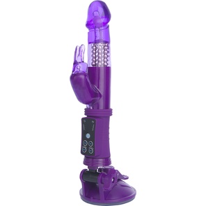  Фиолетовый вибратор с вращением бусин, клиторальным зайчиком и надёжной присоской 