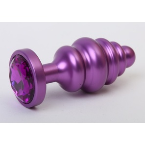  Фиолетовая ребристая анальная пробка с фиолетовым кристаллом 7,3 см 