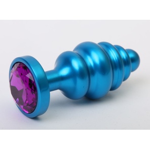  Синяя ребристая анальная пробка с фиолетовым кристаллом 7,3 см 