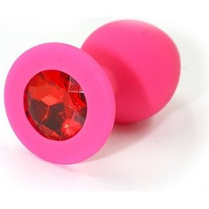  Розовая силиконовая анальная пробка с красным кристаллом 7 см 