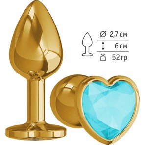 Золотистая анальная втулка с голубым кристаллом-сердцем 7 см 