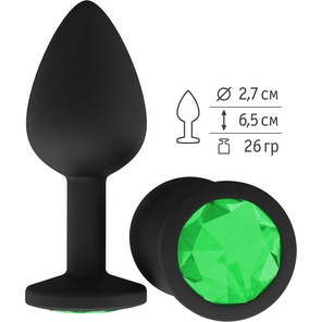  Чёрная анальная втулка с зеленым кристаллом 7,3 см 