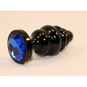  Черная фигурная анальная пробка с синим кристаллом 8,2 см 