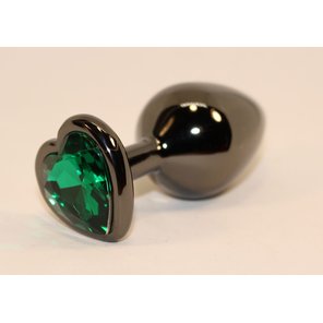  Черная коническая анальная пробка с зеленым кристаллом-сердечком 8 см 
