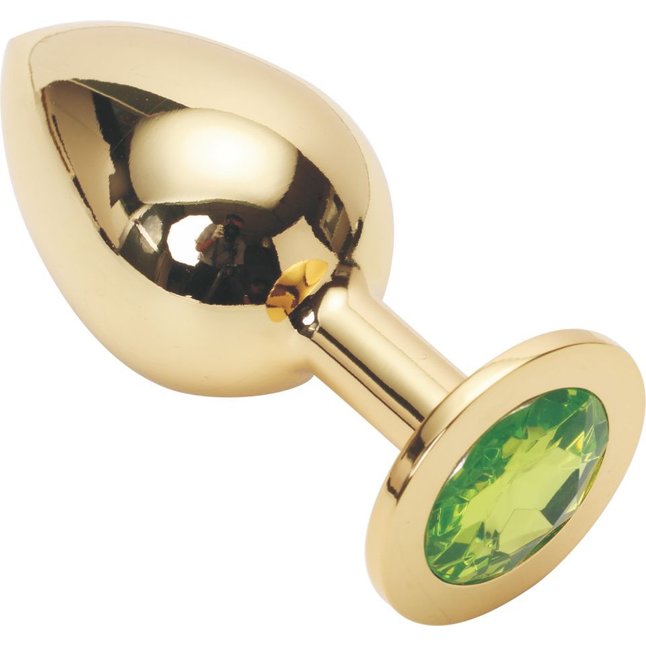 Золотистая анальная пробка GOLDEN PLUG Large с светло-зелёным кристаллом - 9,5 см