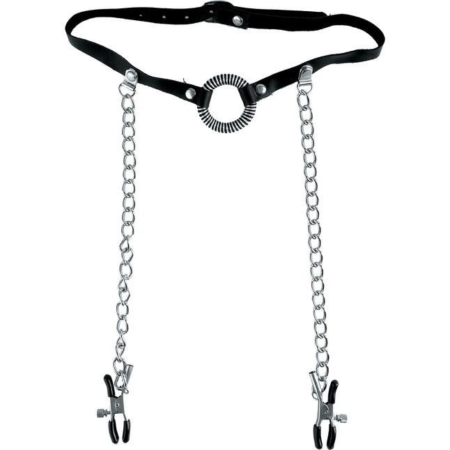 Кольцо-расширитель для рта с цепочками, соединяющими его с клипсами для сосков O-Ring Gag Nipple Clamps - Fetish Fantasy Limited Edition