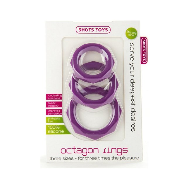 Набор из 3 фиолетовых эрекционных колец Octagon Rings 3 sizes - Shots Toys. Фотография 2.