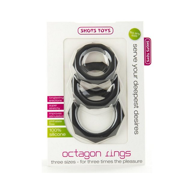 Набор чёрных эрекционных колец Octagon Rings 3 sizes (3 шт.) - Shots Toys. Фотография 2.