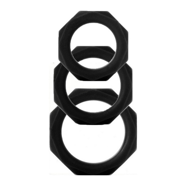 Набор чёрных эрекционных колец Octagon Rings 3 sizes (3 шт.) - Shots Toys