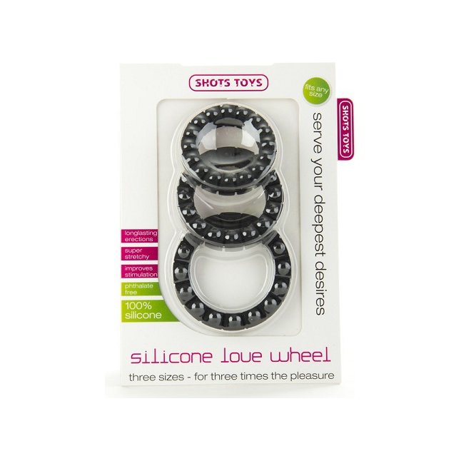 Чёрные эрекционные кольца Silicone Love Wheel 3 sizes с пупырышками (3 шт.) - Shots Toys. Фотография 2.