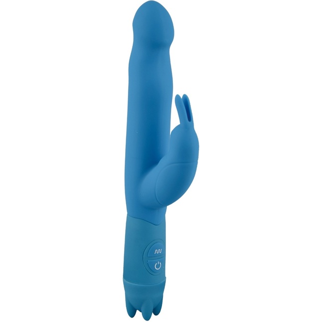 Голубой вибратор с клиторальным отростком Honey Bunny - 21,5 см
