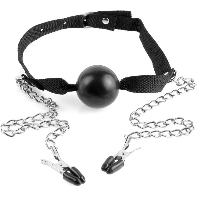 Черный кляп Ball Gag Nipple Clamps с зажимами на соски - Fetish Fantasy Series. Фотография 3.