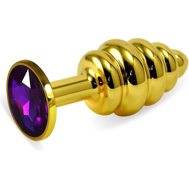Золотистая анальная пробка с фиолетовым кристаллом и рёбрышками - 7,6 см