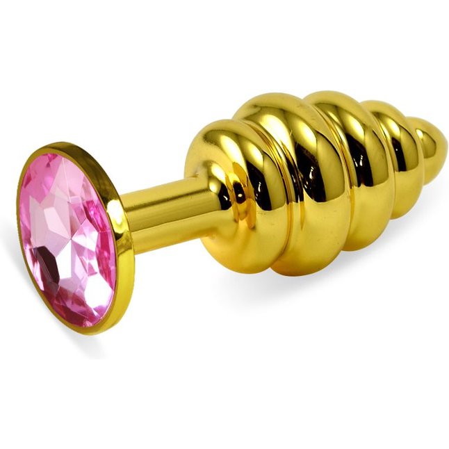Золотистая ребристая пробка с розовым кристаллом - 7,6 см