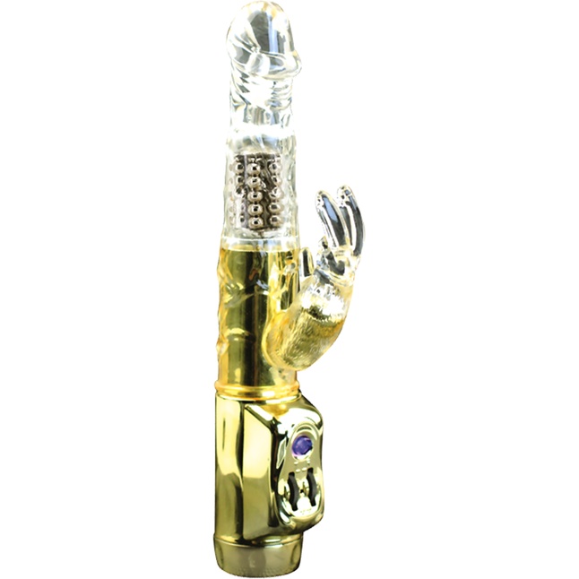 Золотистый вибратор U.S. Gold Lover с ротацией и клиторальным зайкой - 22,5 см