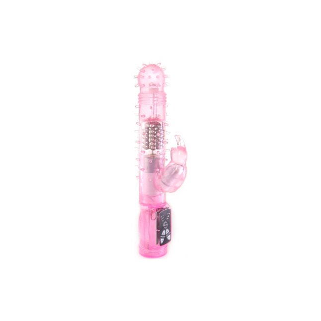 Розовый вибратор с ротацией и шипиками - 22,5 см