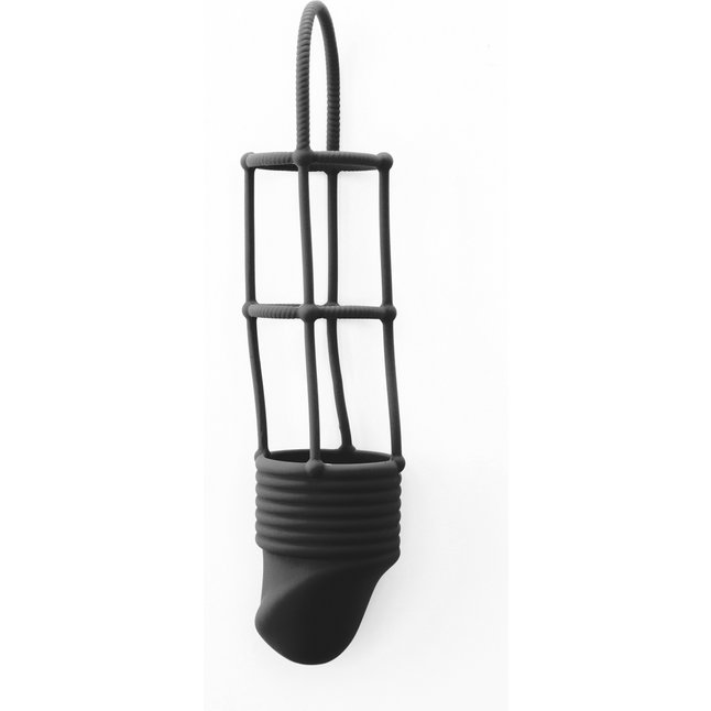 Удлиняющая чёрная насадка на пенис Ribbed Cockcage - Shots Toys