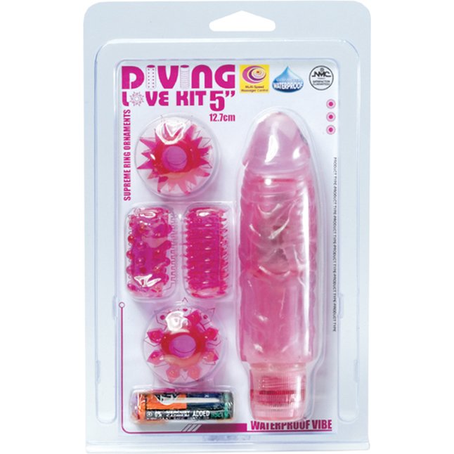 Эротический набор: розовый вибратор, 2 насадки на пенис и 2 эрекционных кольца. Фотография 2.