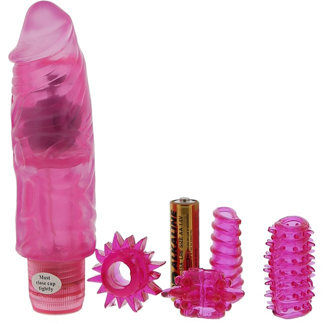 Эротический набор: розовый вибратор, 2 насадки на пенис и 2 эрекционных кольца