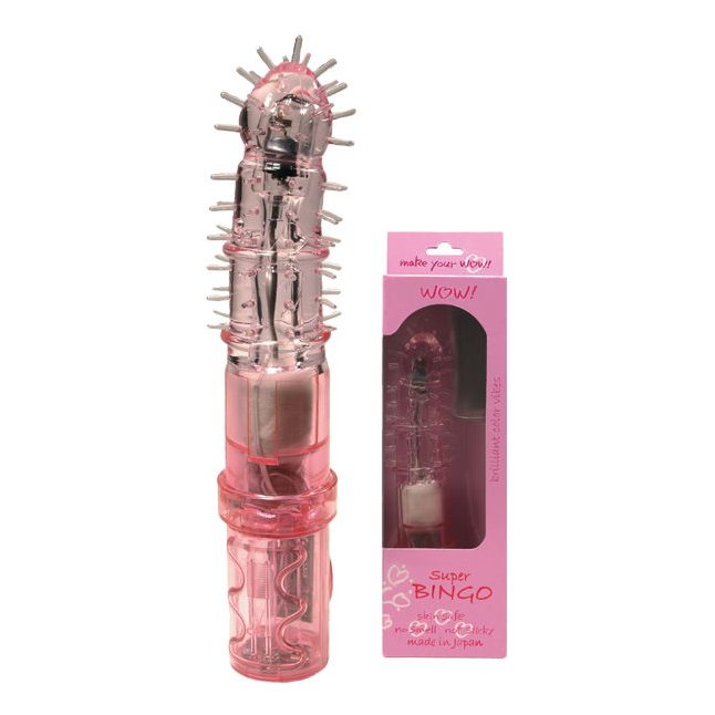 Розовый вибратор-ротатор с шипами - 16 см