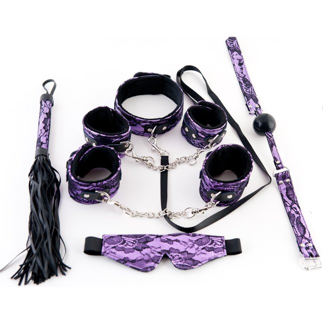 Большой кружевной набор пурпурного цвета: маска, наручники, оковы, ошейник, флоггер, кляп - Marcus