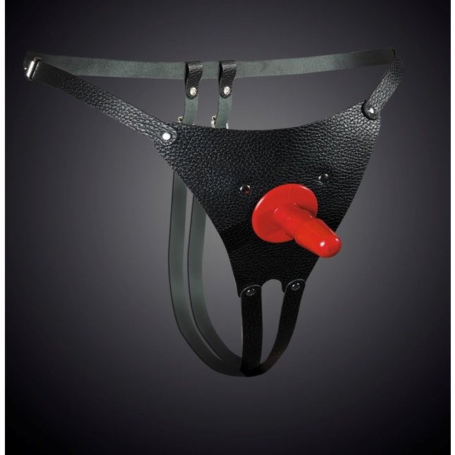 Чёрные кожаные универсальные трусики со штырьком для насадок - BDSM accessories