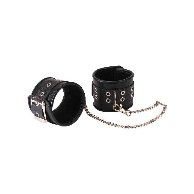 Кожаные черные оковы с широким ремешком, соединенные цепочкой - BDSM accessories