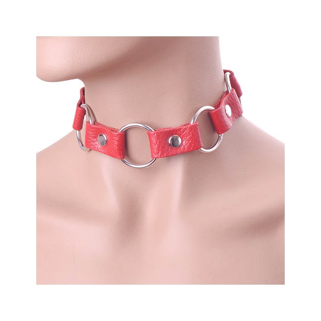 Красный кожаный ошейник с кольцами - BDSM accessories