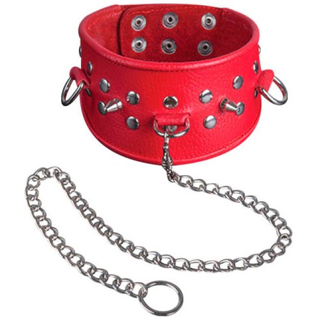 Красный кожаный ошейник с клёпками и шипами - BDSM accessories. Фотография 2.