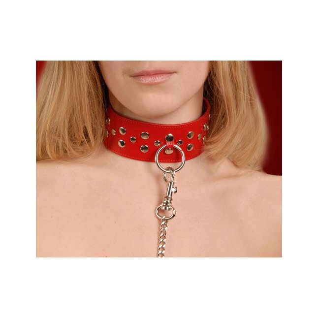 Красный кожаный ошейник с карабином и поводком - BDSM accessories