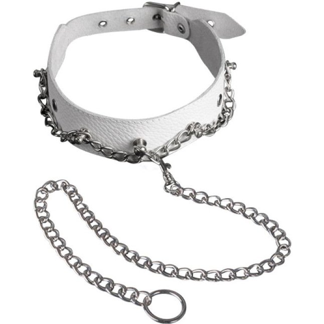 Белый ошейник с цепью - BDSM accessories. Фотография 3.