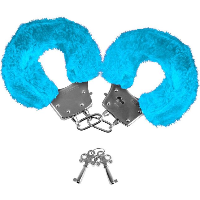 Голубые неоновые наручники с мехом - Neon Luv Touch