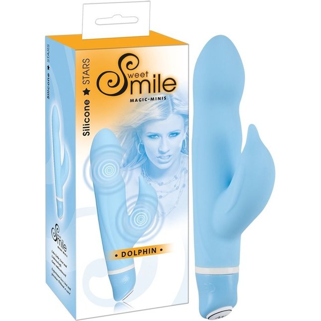 Голубой вибратор Smile Dolphin с клиторальным отростком - 16 см - Smile