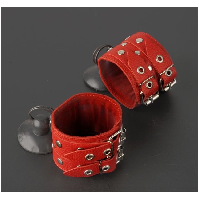Красные наручники с ремешками на присосках - BDSM accessories