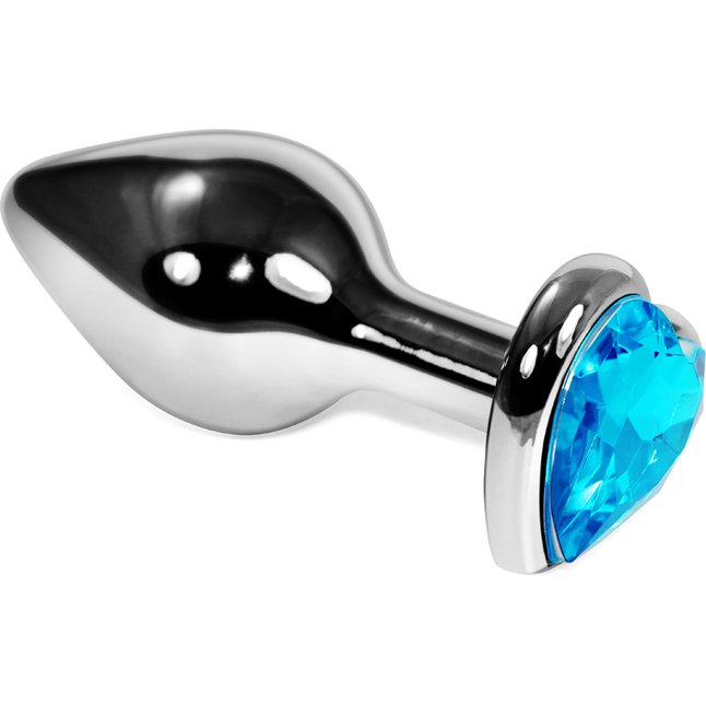 Серебристая анальная пробка с голубым кристаллом-сердечком - 7,6 см