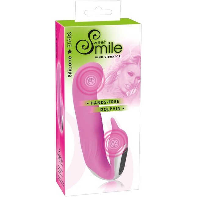 Розовый вибратор для внутренней и внешней стимуляции Hands-Free Dolphin - 18 см - Smile. Фотография 4.